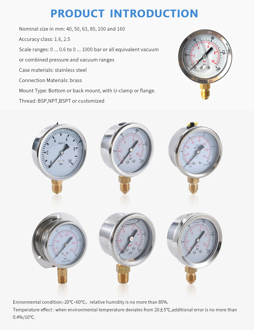 Glycerine Filled Pressure Gauge Oil Filled Manometer Hydraulic Water Air Pressure Gauge